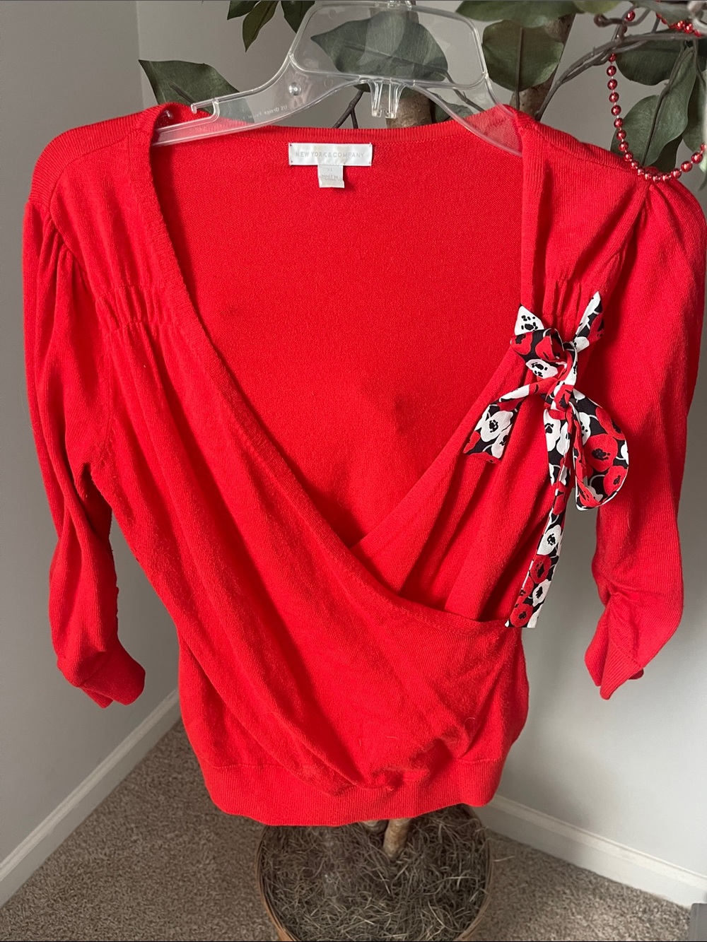 New York & Company Red Faux Wrap Sweater with Bow Accent